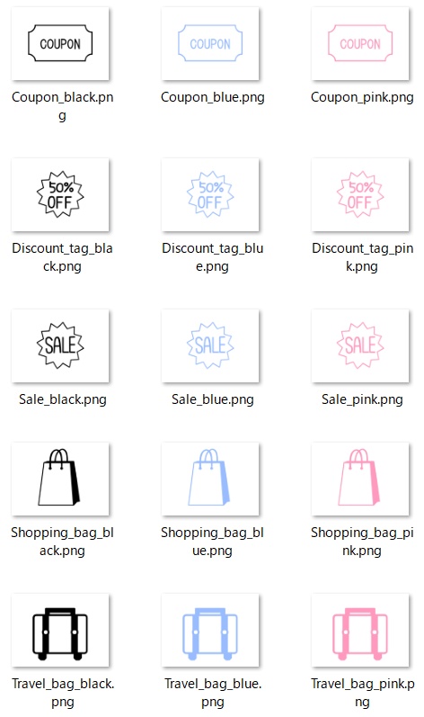 シンプルフラットアイコンセット｜セール・クーポン・ショッピング15点（PNG・商用利用OK）