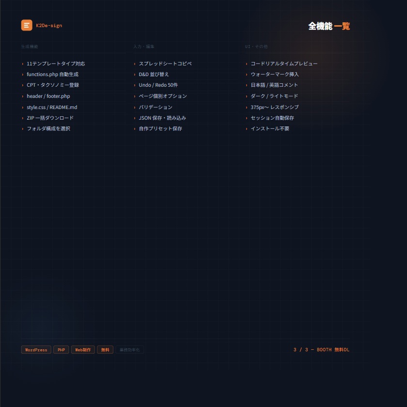 【無料】Web制作者のための WordPress PHPテンプレートファイル構成ジェネレーター v1.0 / K2De-sign