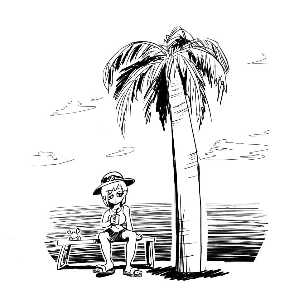 ヤシの木と麦わらガールの南国トート