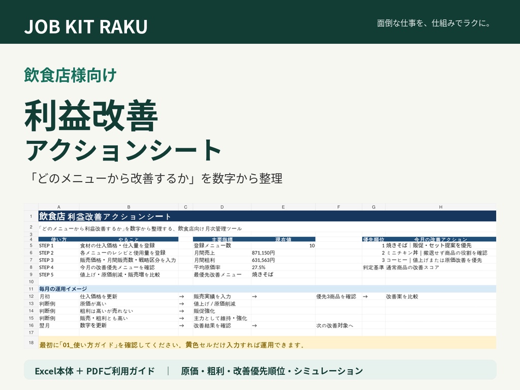 飲食店様向け|利益改善アクションシート|原価・粗利・改善優先順位を自動整理