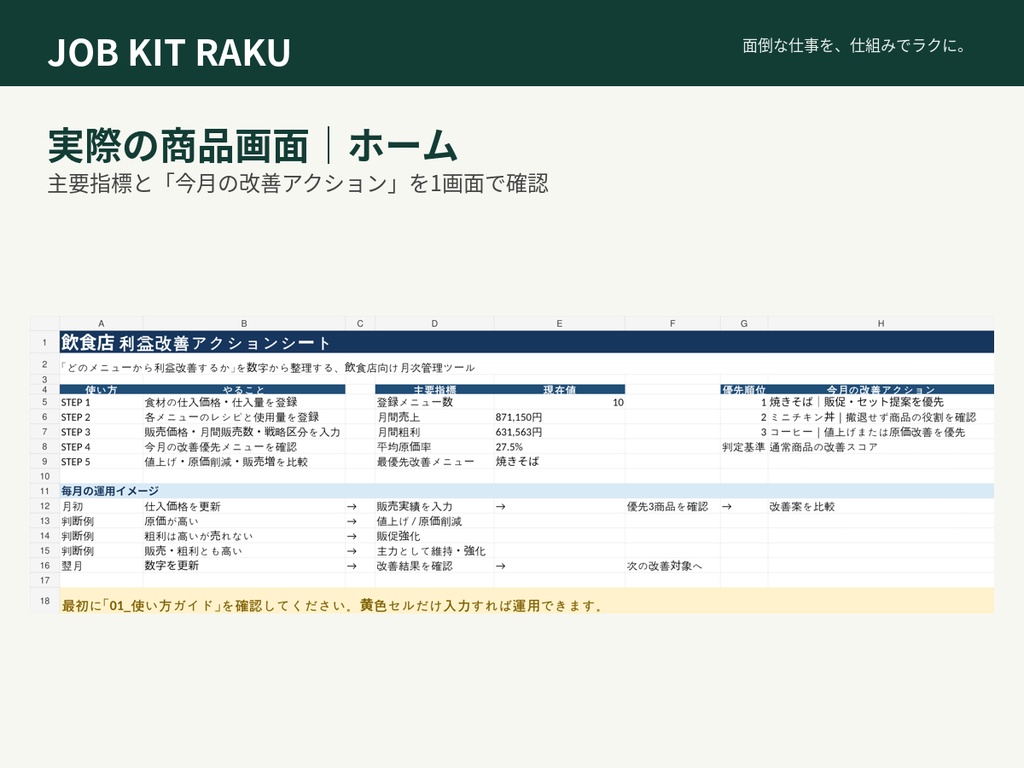 飲食店様向け|利益改善アクションシート|原価・粗利・改善優先順位を自動整理