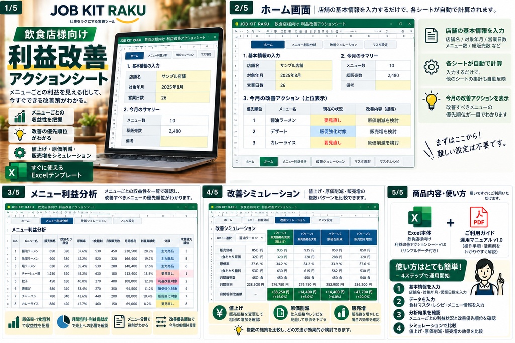 飲食店様向け|利益改善アクションシート|原価・粗利・改善優先順位を自動整理