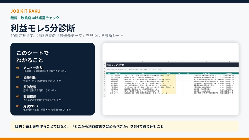 【無料版】5分でわかる「利益モレ診断」｜飲食店の弱点を10問でチェック