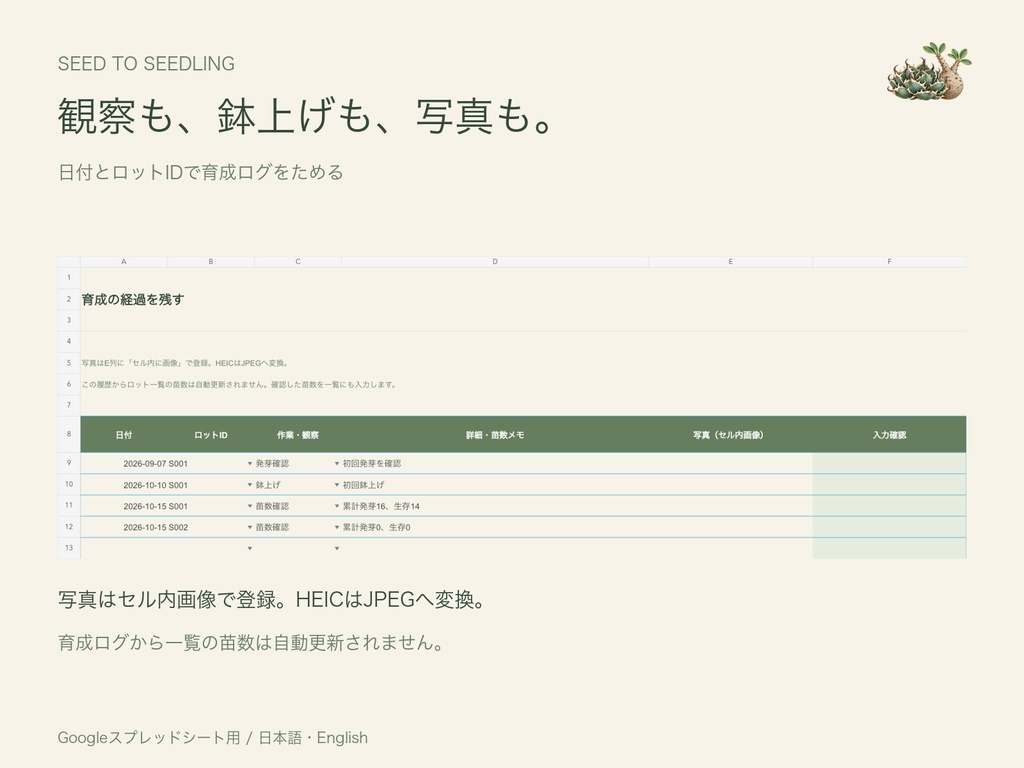 実生手帖|播種・発芽・育成管理テンプレート|Googleスプレッドシート