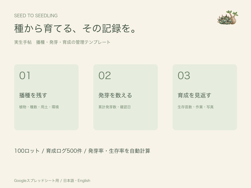 実生手帖|播種・発芽・育成管理テンプレート|Googleスプレッドシート