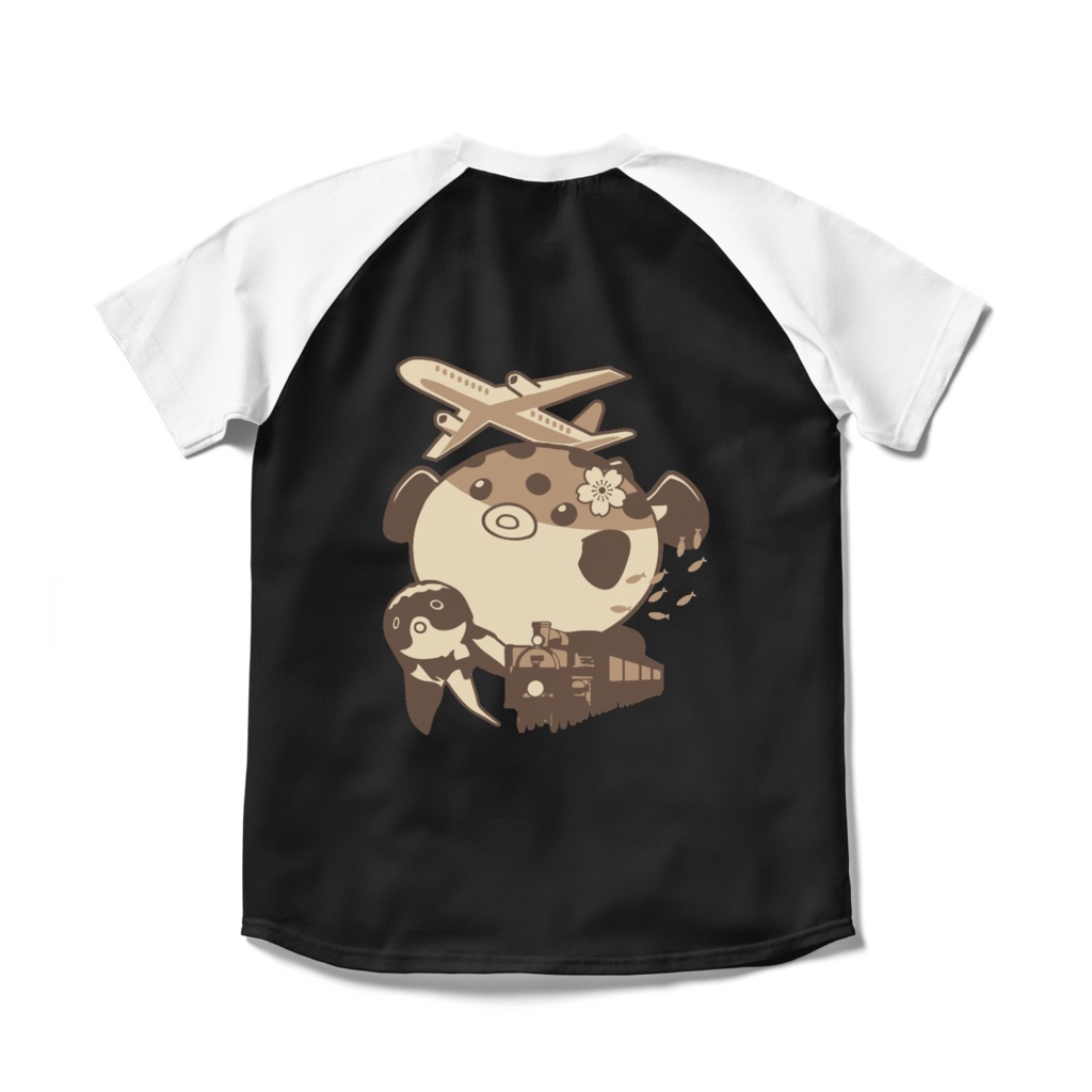 ふぐ×ふぐと詰め合わせラグランTシャツ(ブラック×ホワイト)