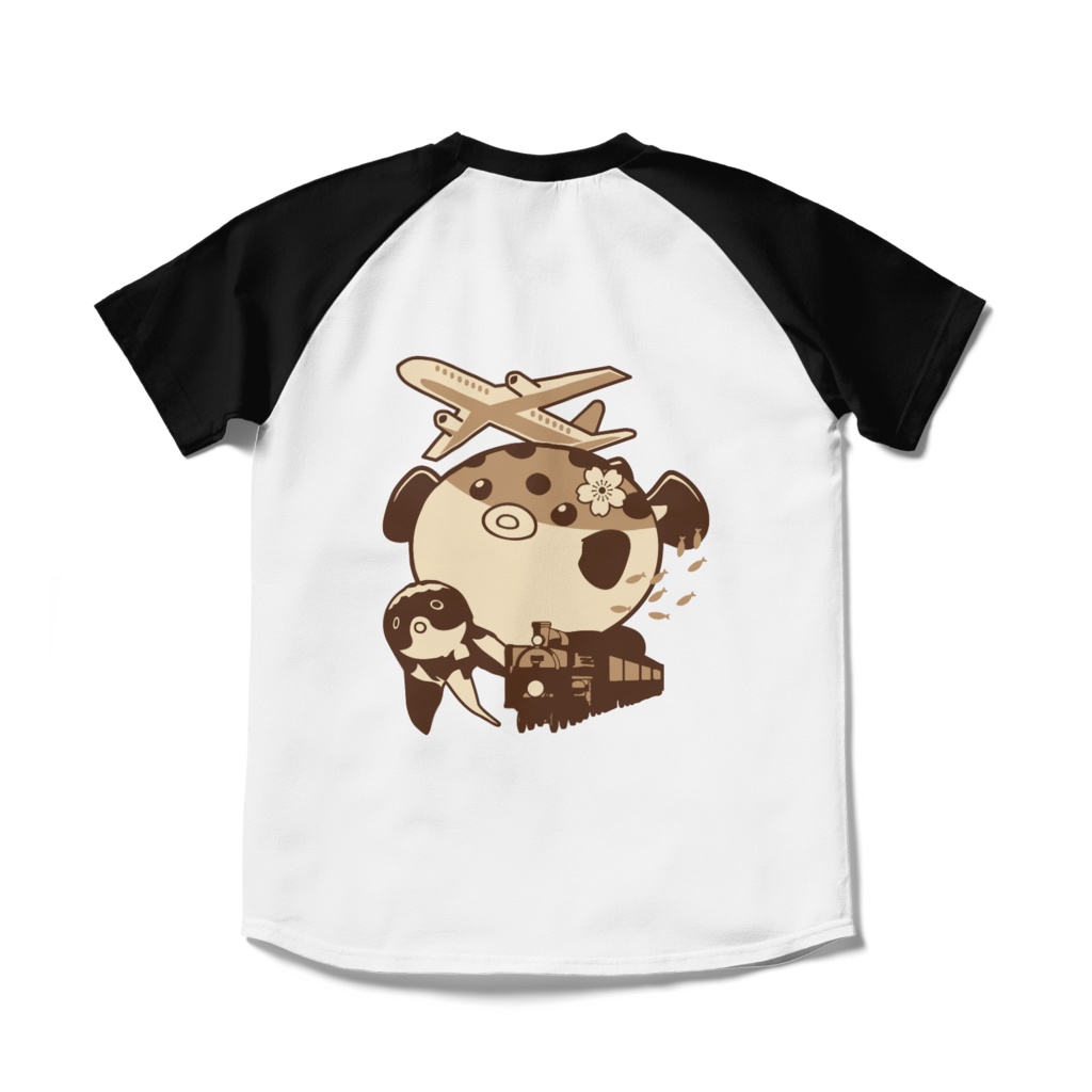 ふぐ×ふぐと詰め合わせラグランTシャツ(ホワイト×ブラック)