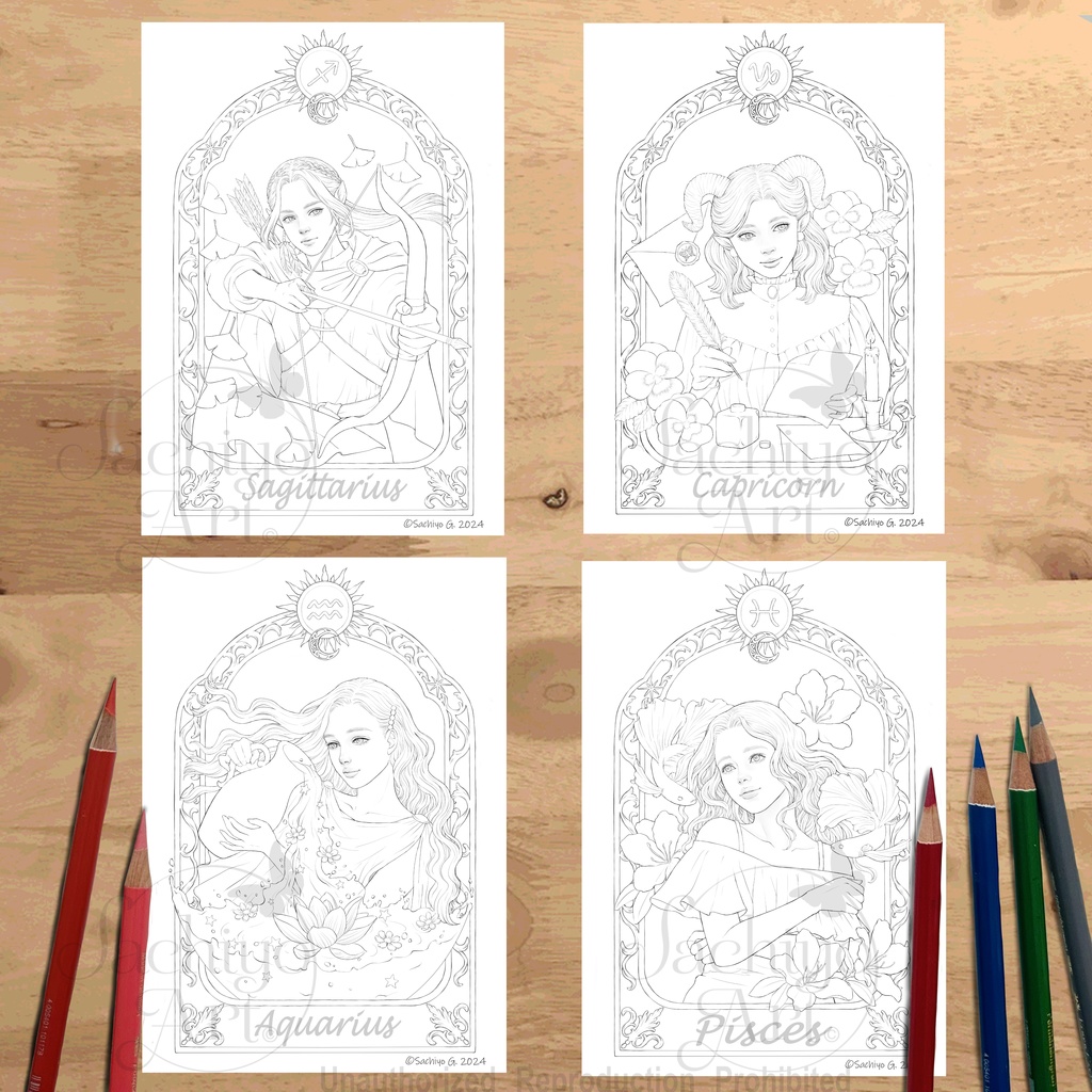 星座塗り絵12枚セット A4サイズダウンロード塗り絵 Zodiac Coloring Page Set (12Pages) A4 size, printable