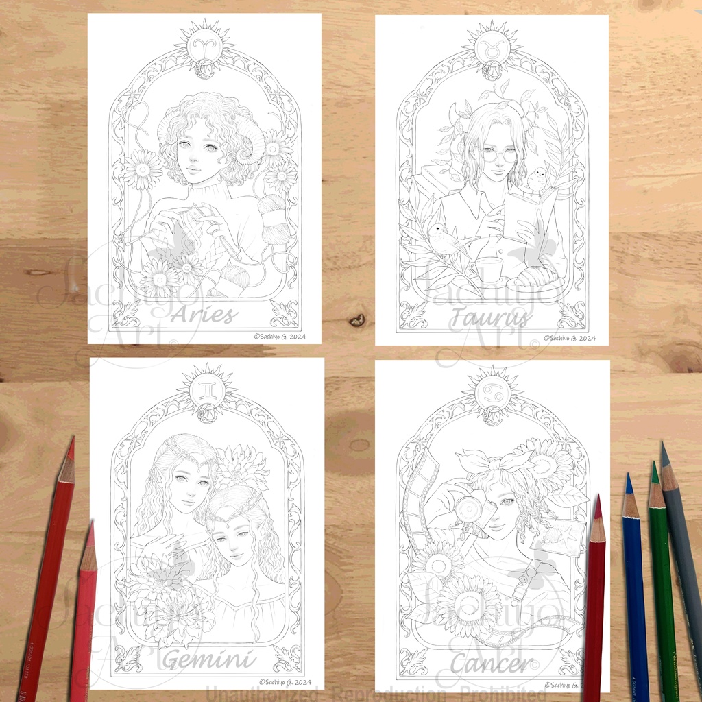 星座塗り絵12枚セット A4サイズダウンロード塗り絵 Zodiac Coloring Page Set (12Pages) A4 size, printable