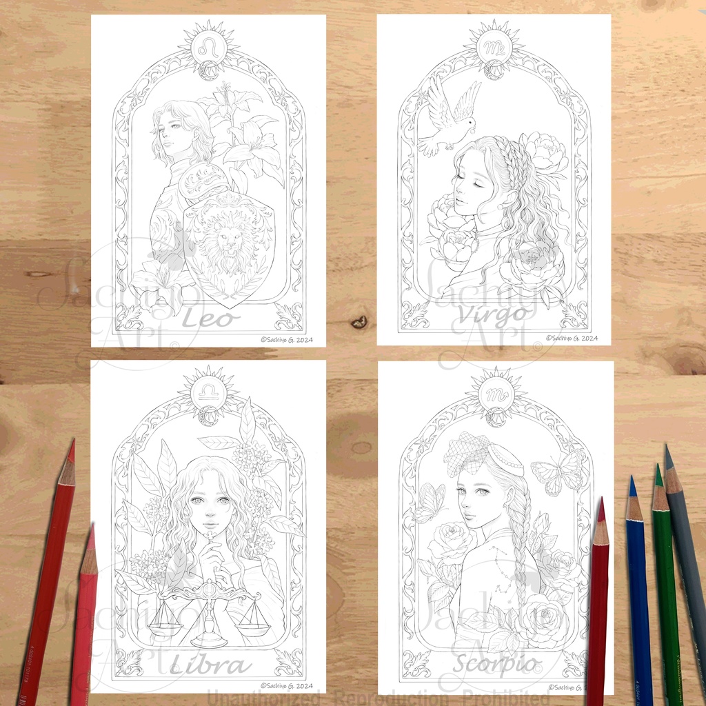 星座塗り絵12枚セット A4サイズダウンロード塗り絵 Zodiac Coloring Page Set (12Pages) A4 size, printable
