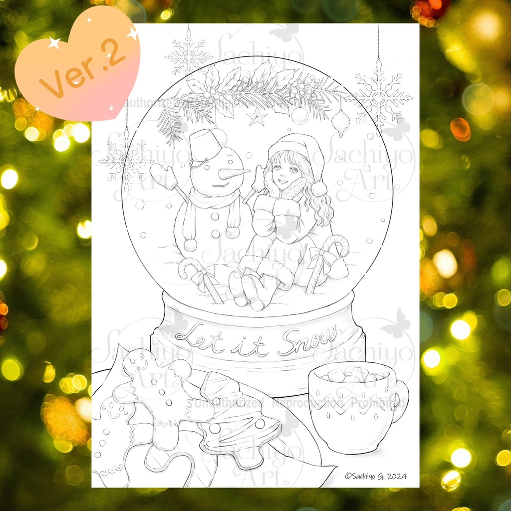 クリスマス塗り絵 「Snow Globe」線画3枚セット A4サイズPDFファイル