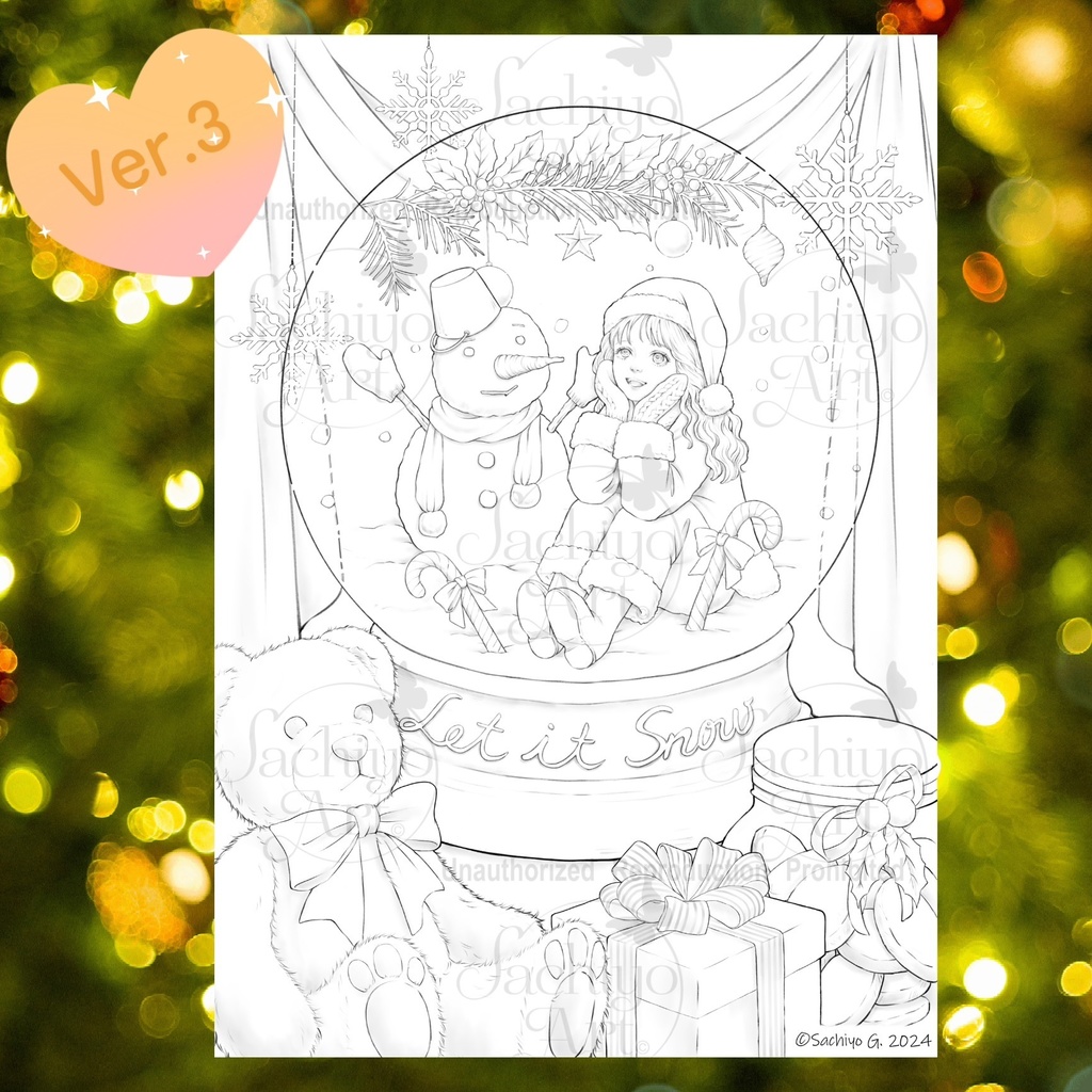 クリスマス塗り絵 「Snow Globe」線画3枚セット A4サイズPDFファイル