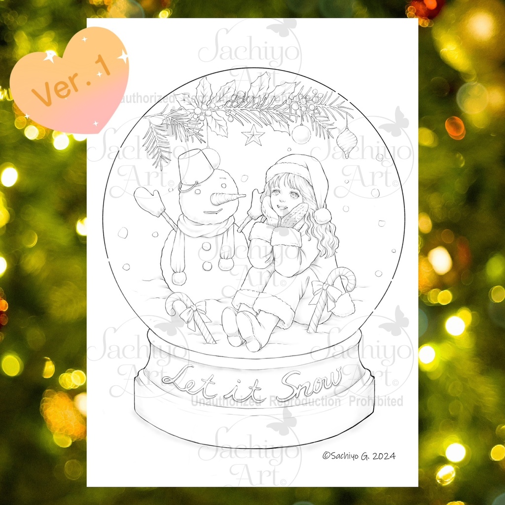 クリスマス塗り絵 「Snow Globe」線画3枚セット A4サイズPDFファイル