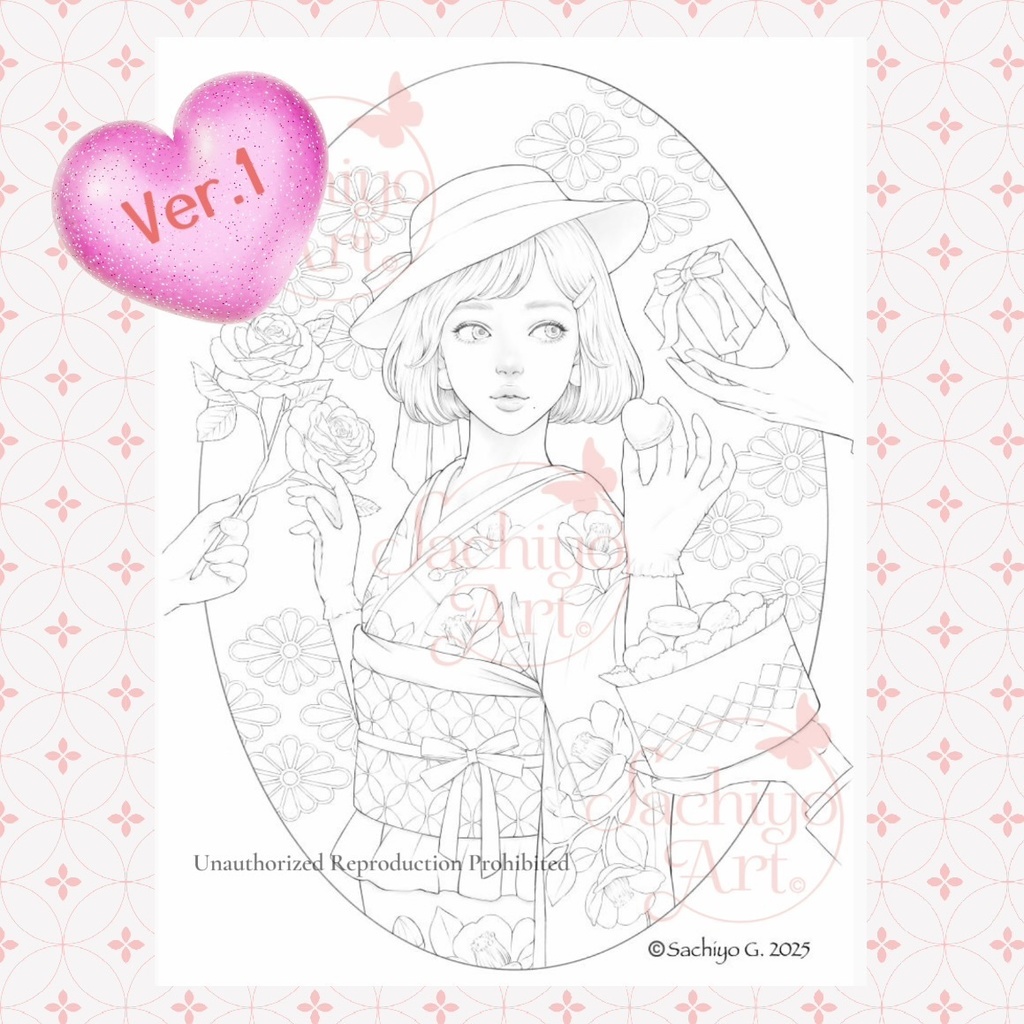 塗り絵用線画セット 「Be My Valentine 」A4サイズPDFファイル