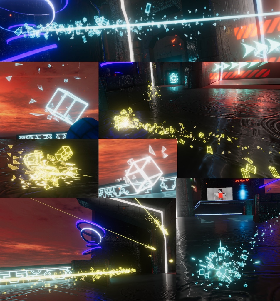 Shoot particle(rescery) Ver.1.02(controllable)シューティングパーティクル バレットタイム ラブパーティクルシステム群と壊れたジオメトリ VRChat利用