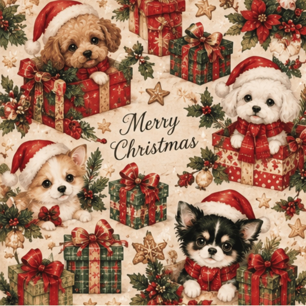 　クリスマス　犬　デジタルペーパー5枚セット｜背景素材・デジタル手帳・壁紙・ラッピング
