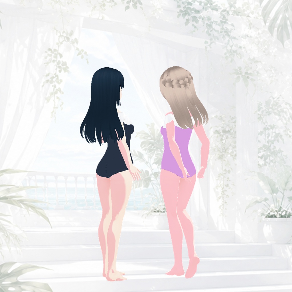 水着（オフショルダー、ラベンダー＆ネイビー）｜Swimsuit (Off-Shoulder, Lavender & Navy)