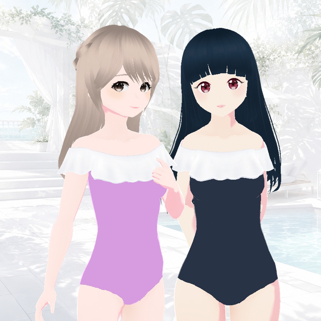 水着(オフショルダー、ラベンダー&ネイビー)|Swimsuit (Off-Shoulder, Lavender & Navy)