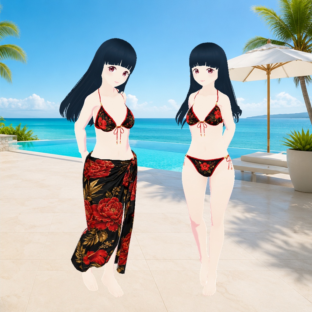 和風花柄ビキニ＆ロングパレオ 3点セット（黒）｜Japanese Floral Bikini & Long Pareo Set (Black)