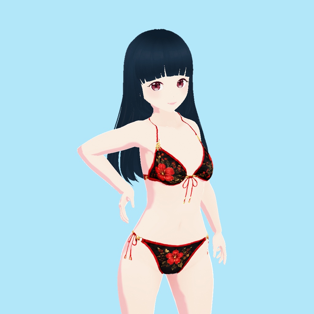 和風花柄ビキニ&ロングパレオ 3点セット(黒)|Japanese Floral Bikini & Long Pareo Set (Black)