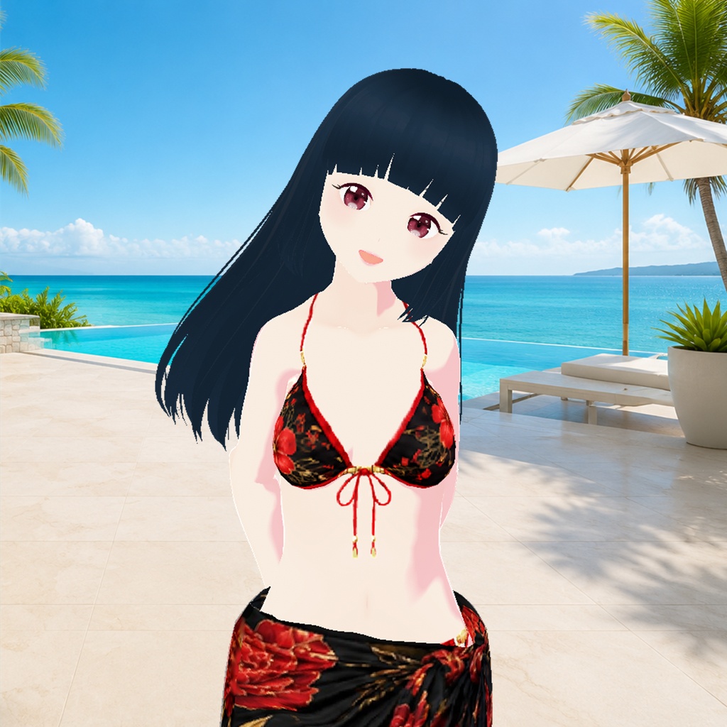 和風花柄ビキニ&ロングパレオ 3点セット(黒)|Japanese Floral Bikini & Long Pareo Set (Black)
