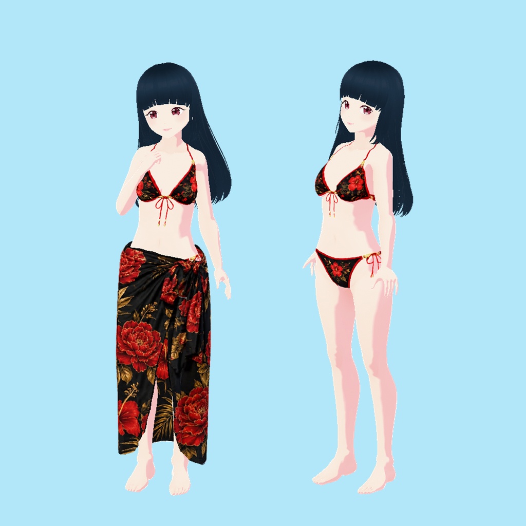 和風花柄ビキニ&ロングパレオ 3点セット(黒)|Japanese Floral Bikini & Long Pareo Set (Black)