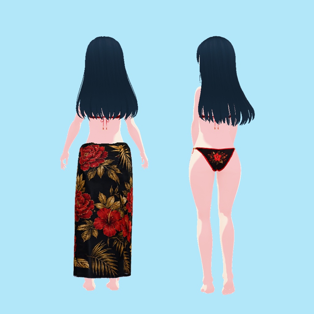 和風花柄ビキニ&ロングパレオ 3点セット(黒)|Japanese Floral Bikini & Long Pareo Set (Black)