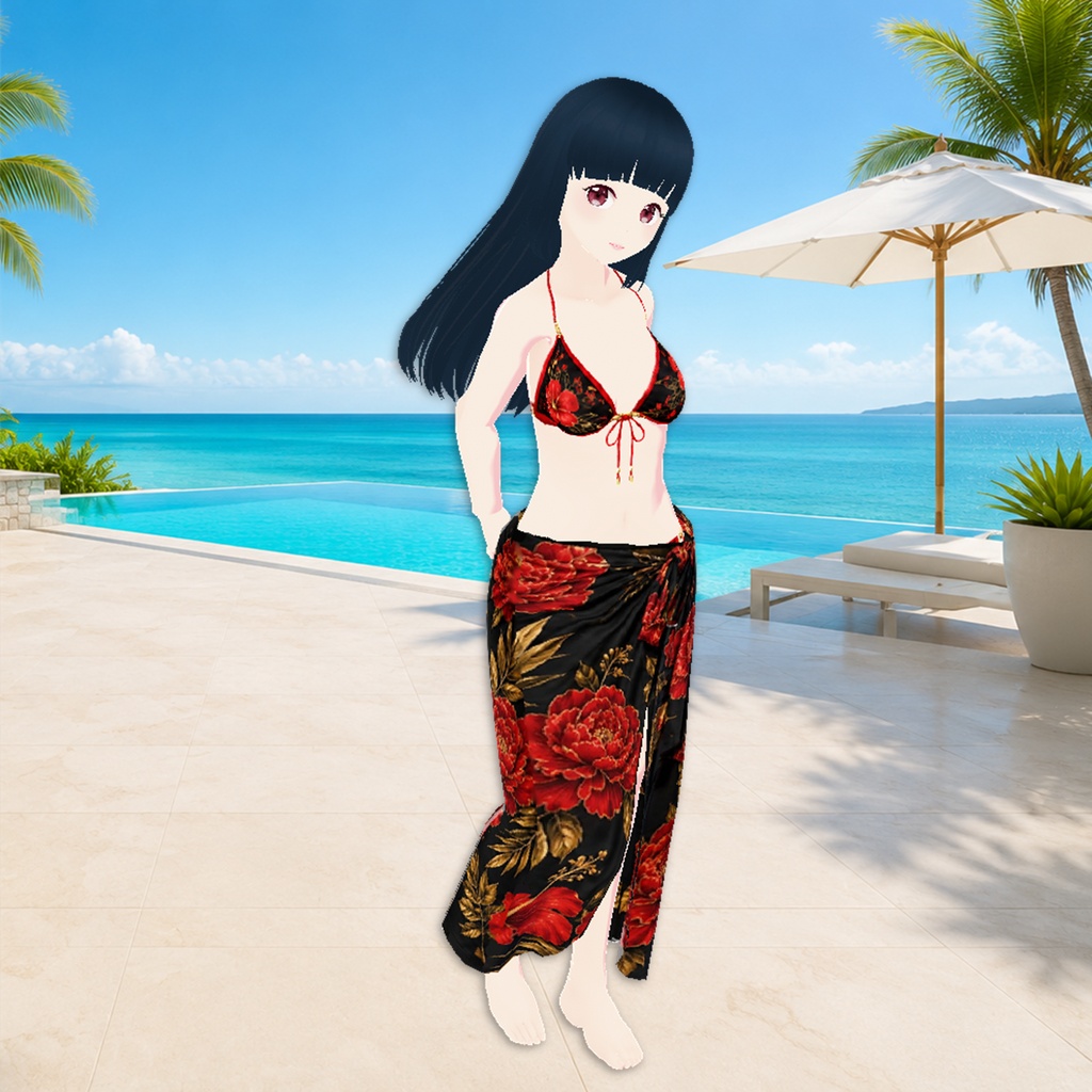 和風花柄ビキニ&ロングパレオ 3点セット(黒)|Japanese Floral Bikini & Long Pareo Set (Black)