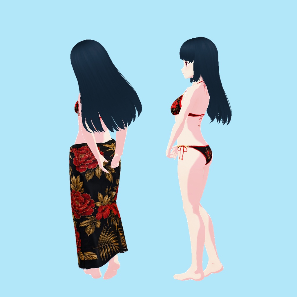 和風花柄ビキニ&ロングパレオ 3点セット(黒)|Japanese Floral Bikini & Long Pareo Set (Black)
