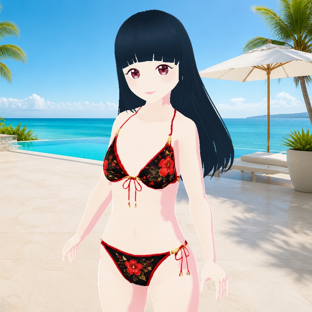 和風花柄ビキニ&ロングパレオ 3点セット(黒)|Japanese Floral Bikini & Long Pareo Set (Black)
