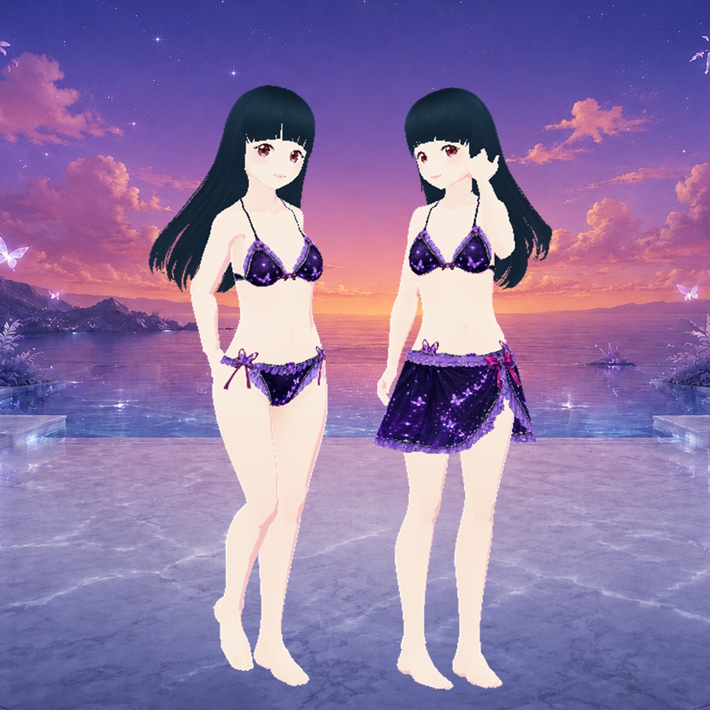 紫蝶ビキニ＆パレオ 3点セット（紫）｜Purple Butterfly Bikini & Pareo Set (Purple)