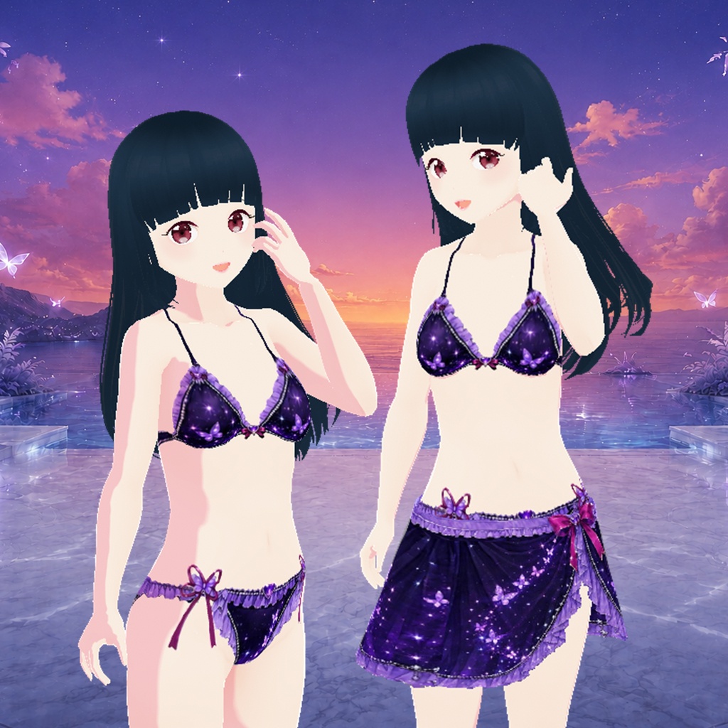 紫蝶ビキニ&パレオ 3点セット(紫)|Purple Butterfly Bikini & Pareo Set (Purple)