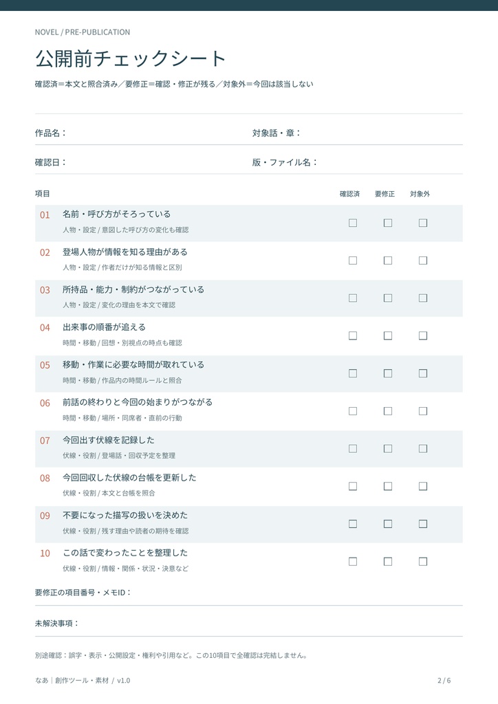 小説の公開前チェックセット|PDF6ページ・修正メモ・記入例つき