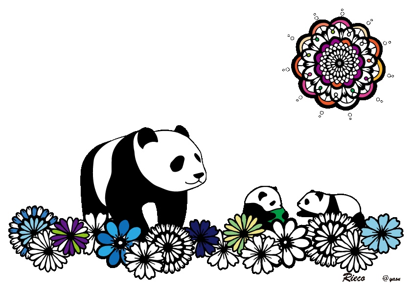 無料 パンダと花に癒される大人のぬりえ(A4)