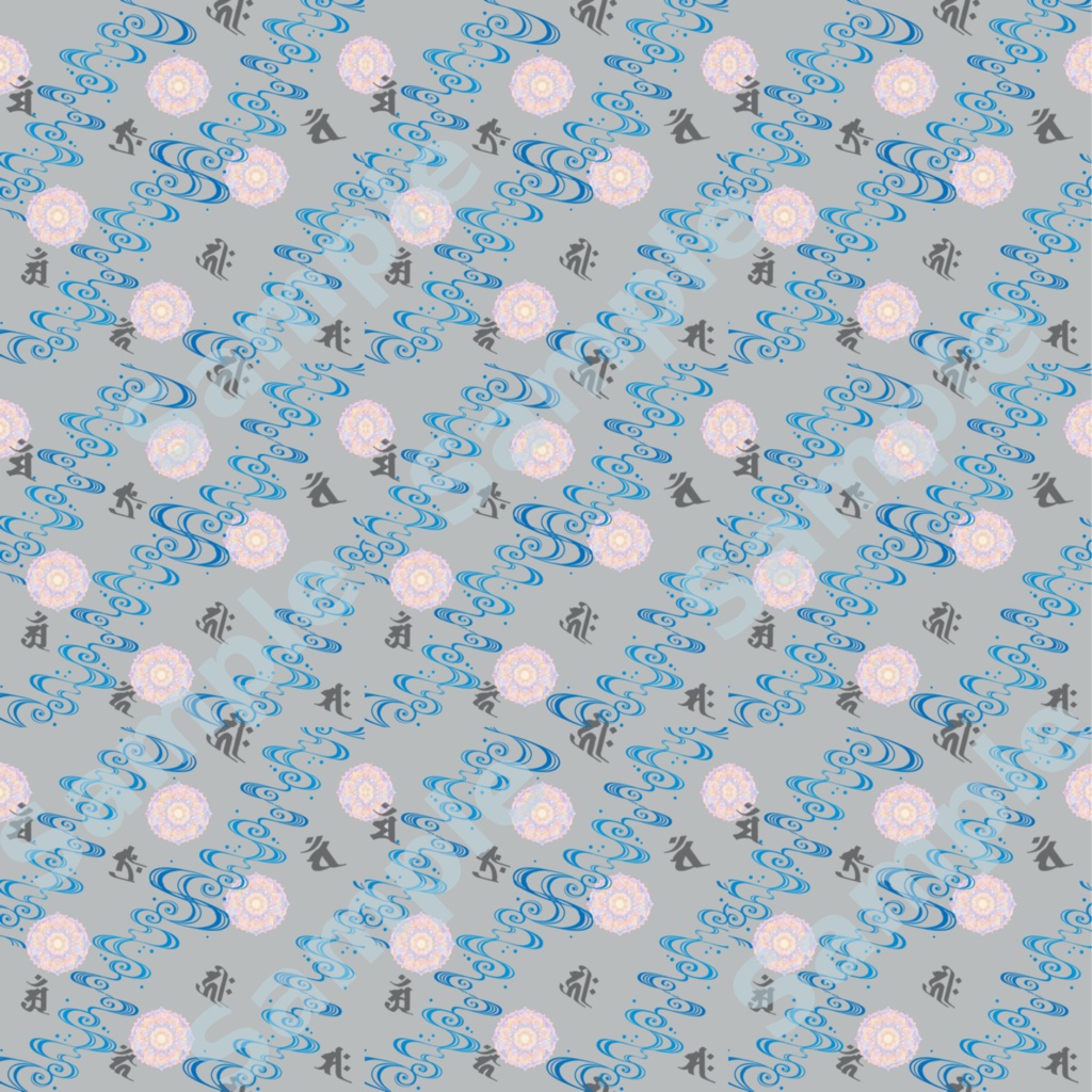 デジタルペーパー和柄-水流紋と曼荼羅梵字-灰色