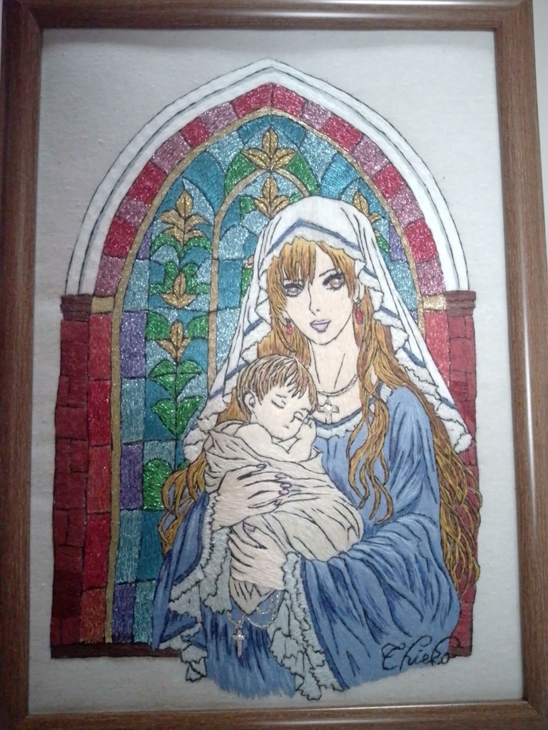 デジタルペーパー塗り絵-イエス・キリストを抱くマリア様-刺繍図案