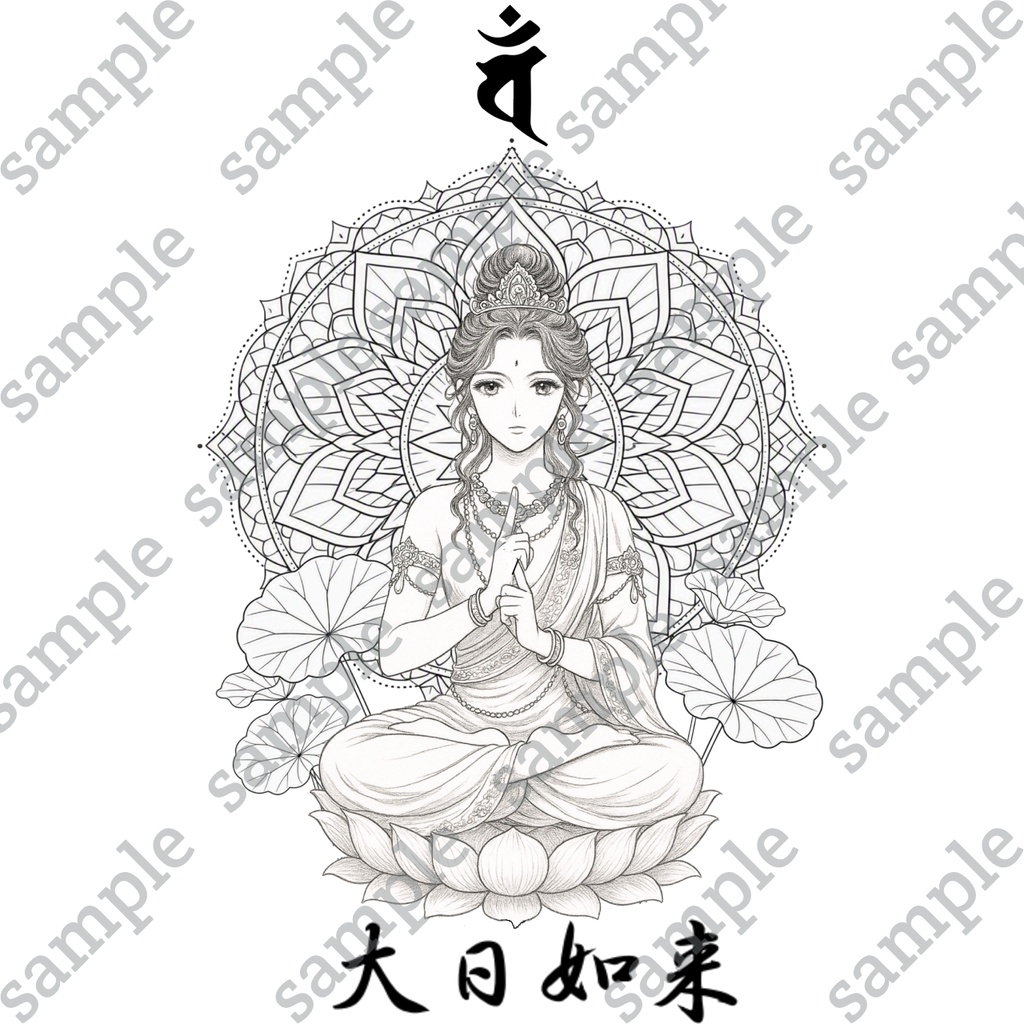 【DL版】【刺繍図案】【大人の塗り絵】大日如来様仏画-梵字付き-カラー見本付き3枚セット