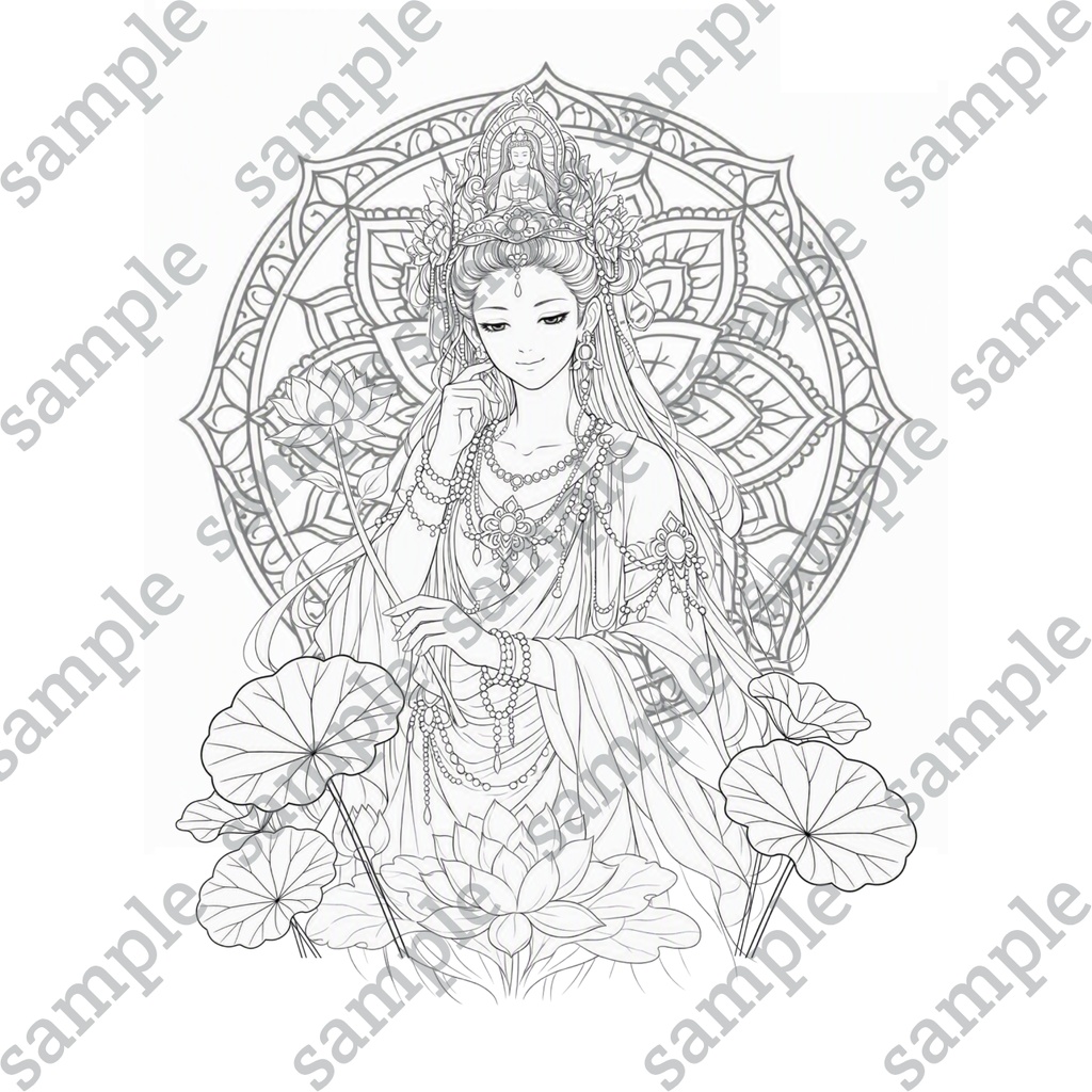 DL版】【刺繍図案】【大人の塗り絵】観音菩薩様仏画-梵字付き-カラー見本付き3枚セット