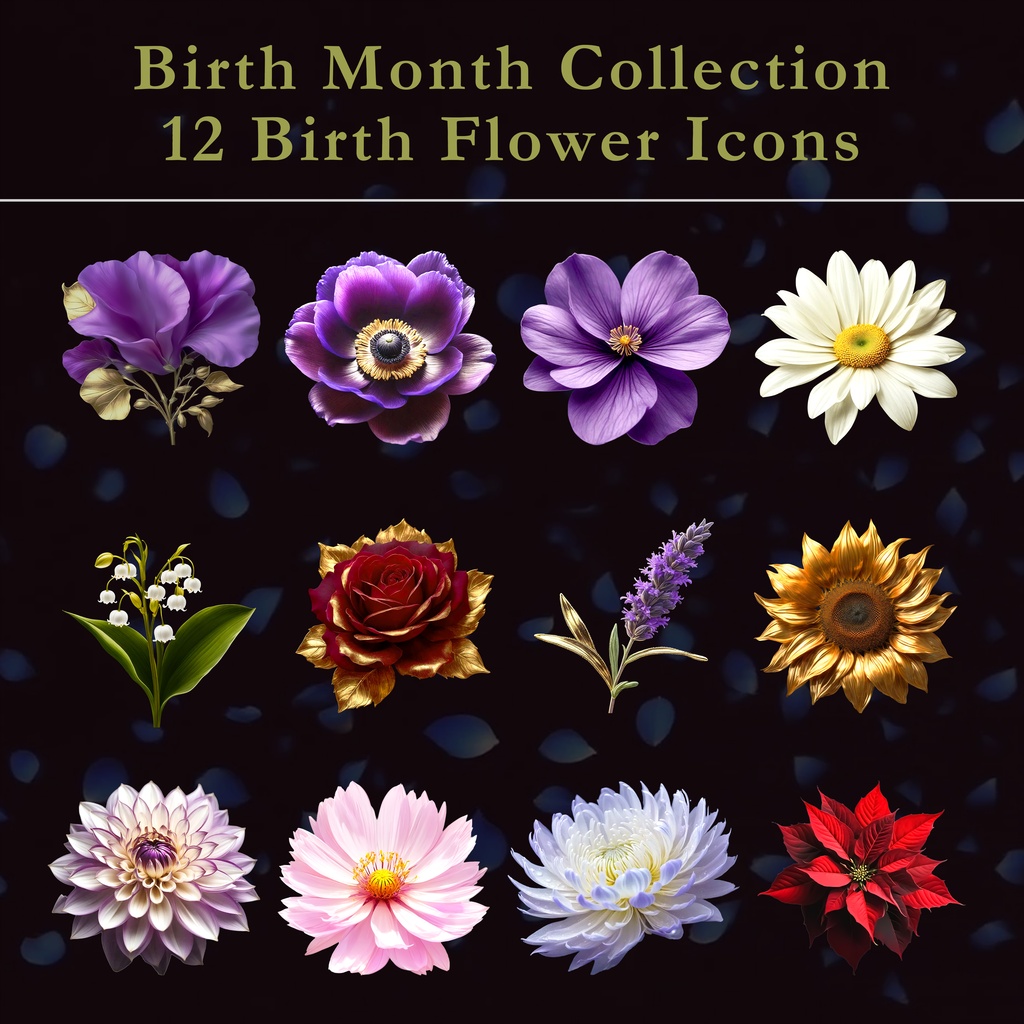 【商用利用可】Birth Month Collection｜12 Birth Flower Icons｜誕生花PNG素材集