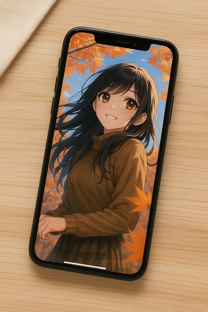 【スマホ壁紙】黒髪と金色の瞳 - 秋の紅葉編まとめ3枚セット