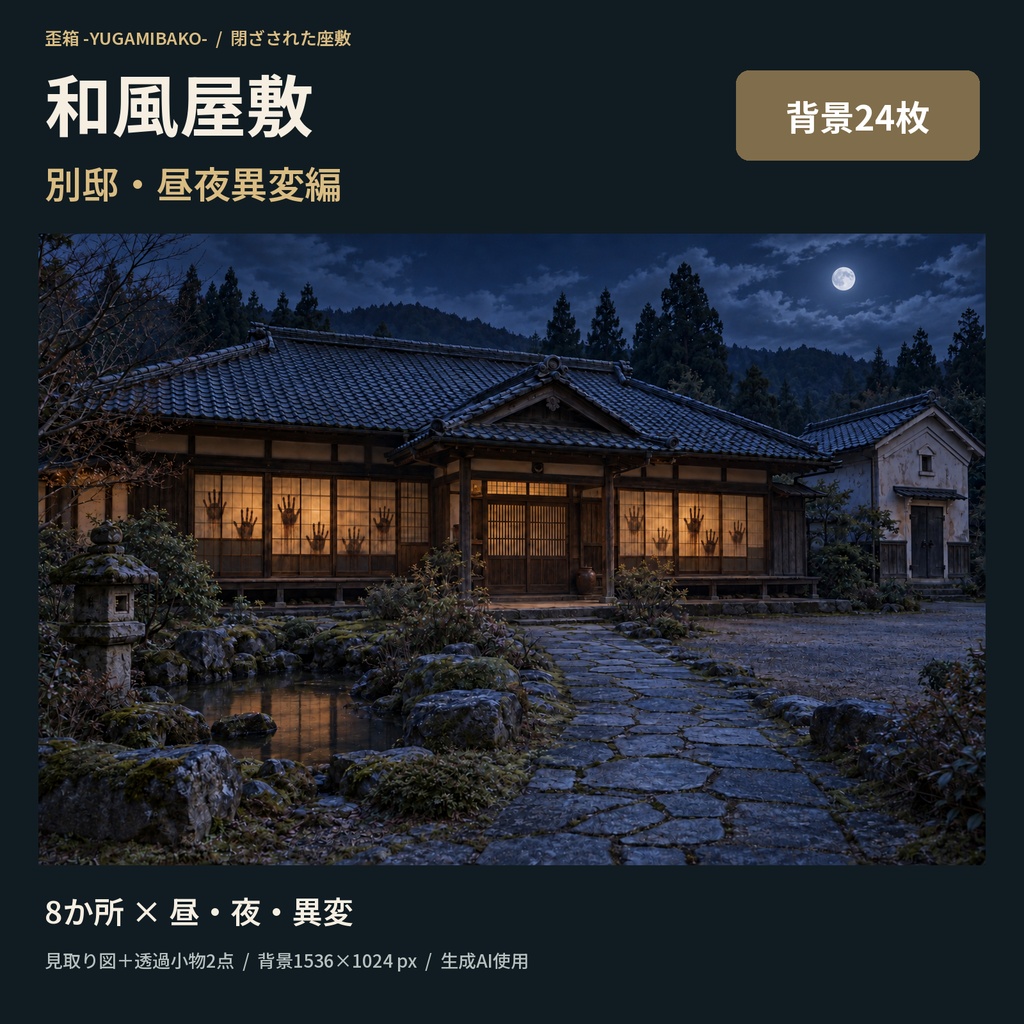 【TRPG／ココフォリア向け】閉ざされた座敷｜和風屋敷 別邸・昼夜異変編【背景24枚＋見取り図・透過小物