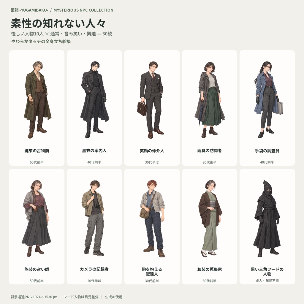 【TRPG／ココフォリア向け】素性の知れない人々｜怪しい人物立ち絵30枚セット【10人×3表情／透過PNG】