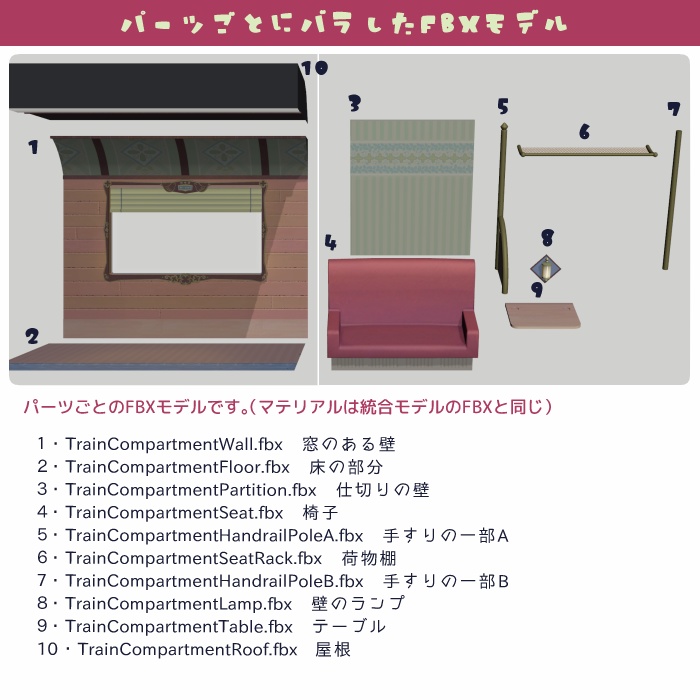 【Fbx】列車のコンパートメント背景セット【lilToon&PBRマテリアル設定付】