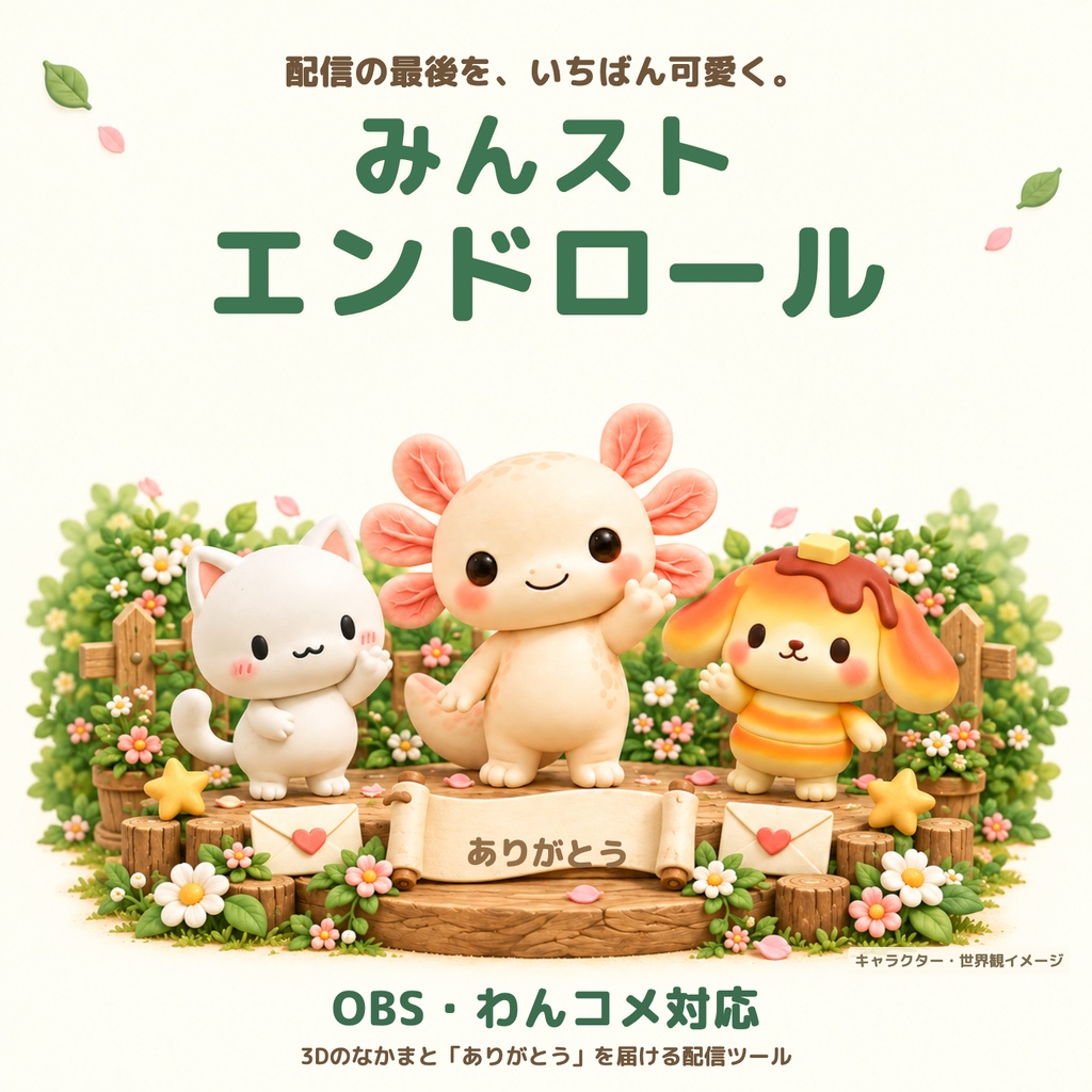 【OBS・わんコメ対応】みんストエンドロール|3Dのなかまたちと「ありがとう」を届ける、かわいい配信エンドロール