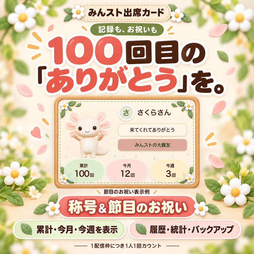 【無料版あり】ゲーム画面はすっきり。お迎えは可愛く。|みんスト出席カード【わんコメ・OBS】