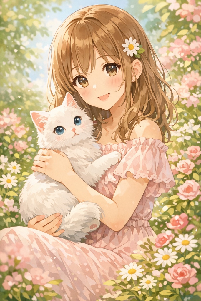 春と白猫と女の子