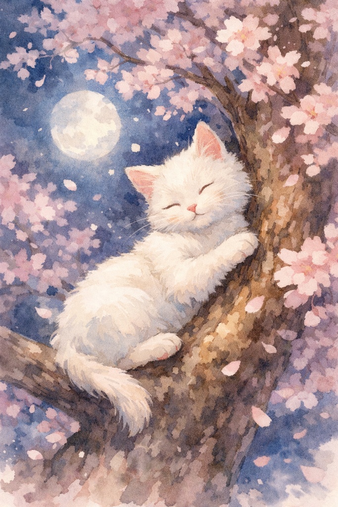 白猫と夜桜の水彩画
