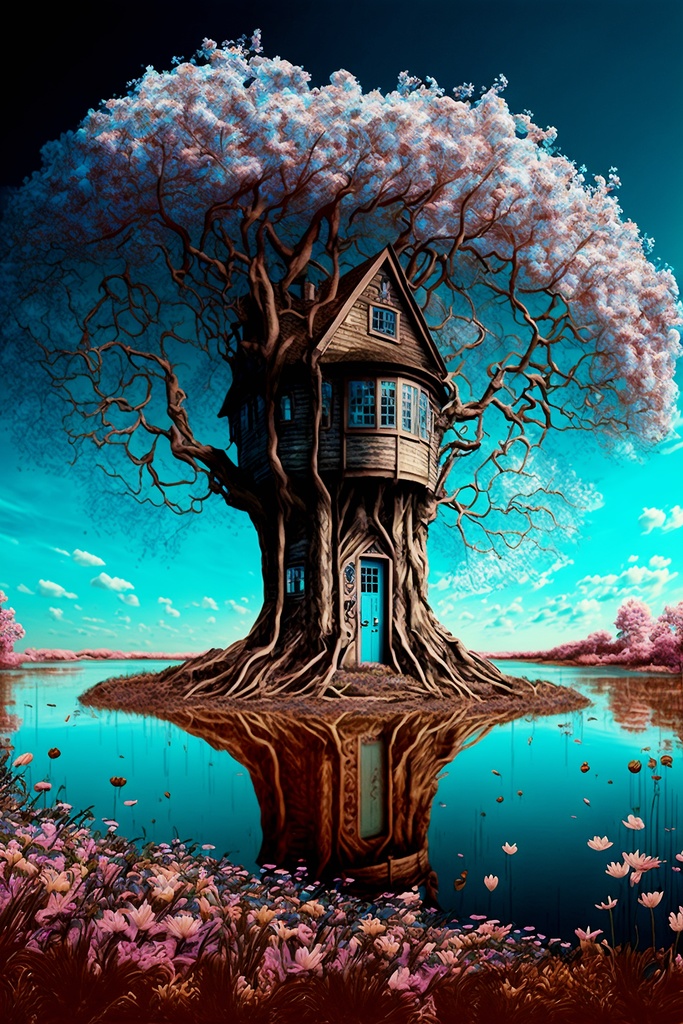 ファンタジー系の湖の中のツリーハウス〈フリー素材イラスト〉