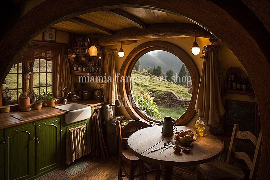 ファンタジー世界の住人の食卓・台所・丸い窓