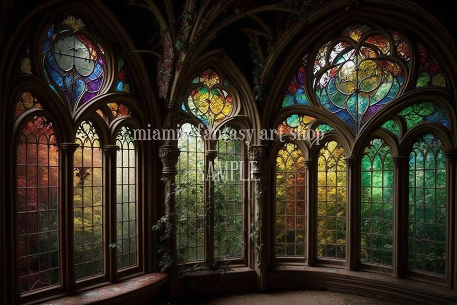 ファンタジー系のお城の中のステンドグラスがある窓辺